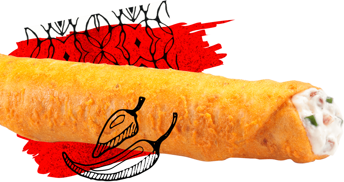 tornados taquito stuffed with cream cheese, bacon and jalapeno on a textured background