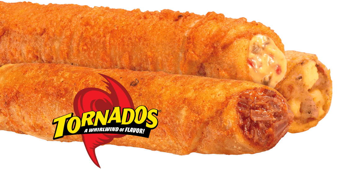 Three tornados taquitos in a line filled with ranchero beef, nacho cheese with peppers and chicken