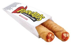 Two Cheese and Pepperoni Tornados in a paper Tornados branded serving sleeve