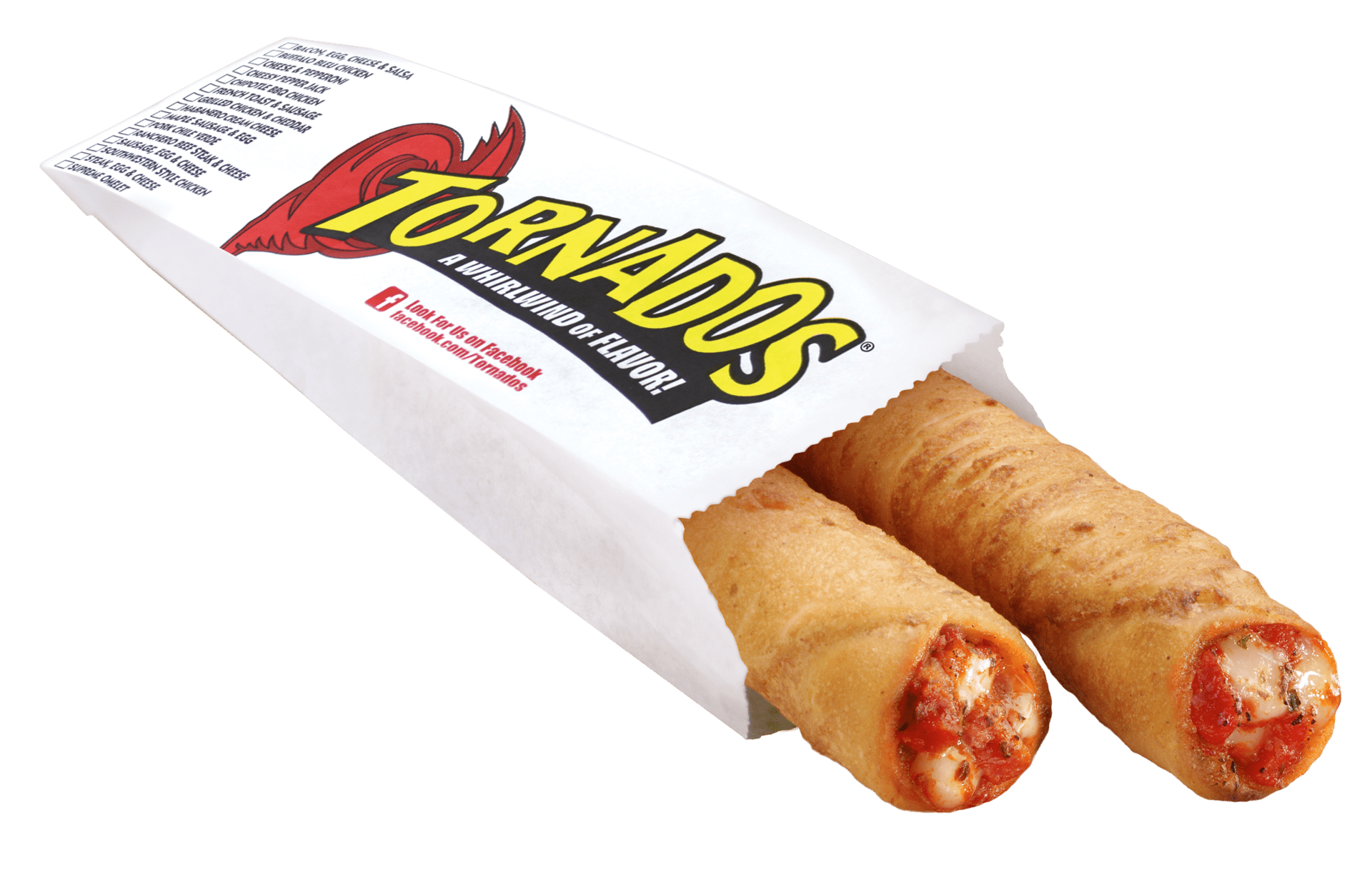 Two Cheese and Pepperoni Tornados in a paper Tornados branded serving sleeve
