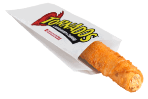 Single Cheesy Pepper Jack Tornados in a paper Tornados branded serving sleeve