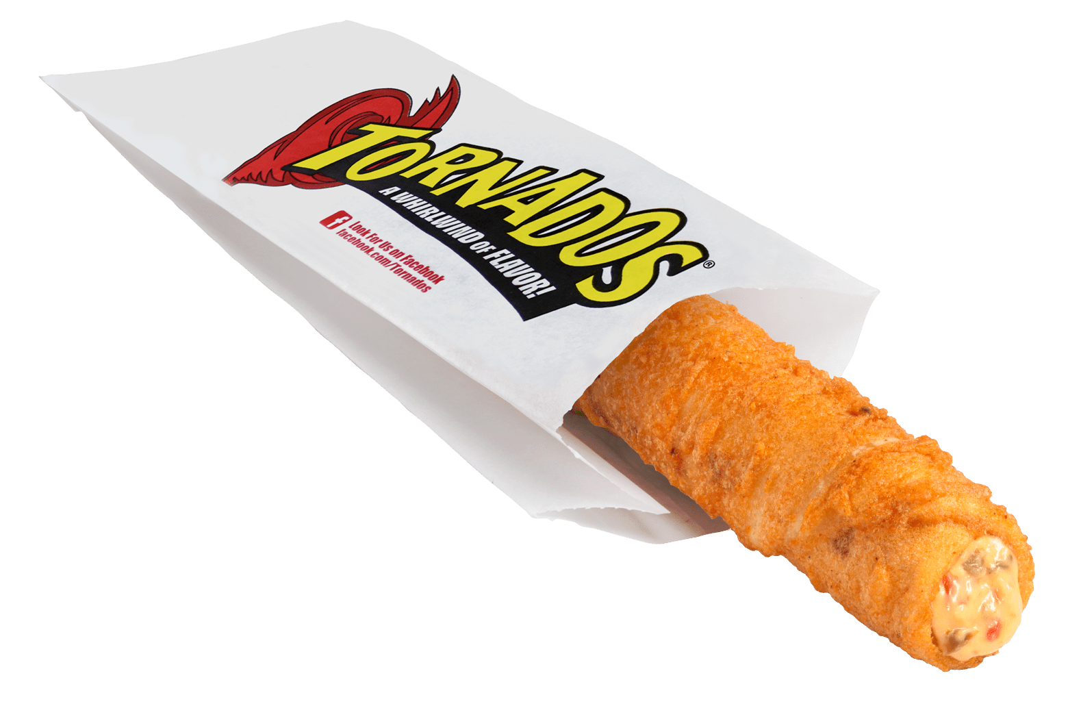 Single Cheesy Pepper Jack Tornados in a paper Tornados branded serving sleeve
