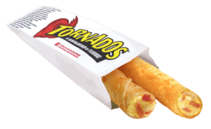Two Egg, Bacon, Cheese Salsa Tornados in a paper Tornados branded serving sleeve