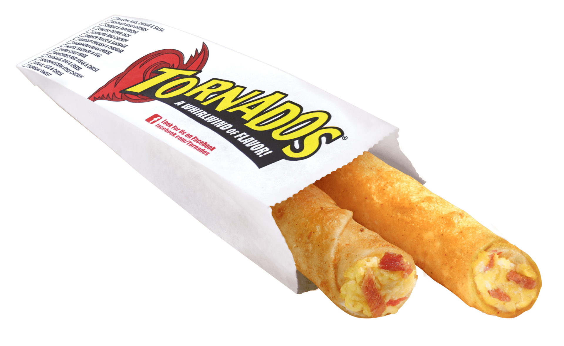 Two Egg, Bacon, Cheese Salsa Tornados in a paper Tornados branded serving sleeve
