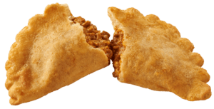 El Monterey Beef and Cheese Empanada broken open to show filling