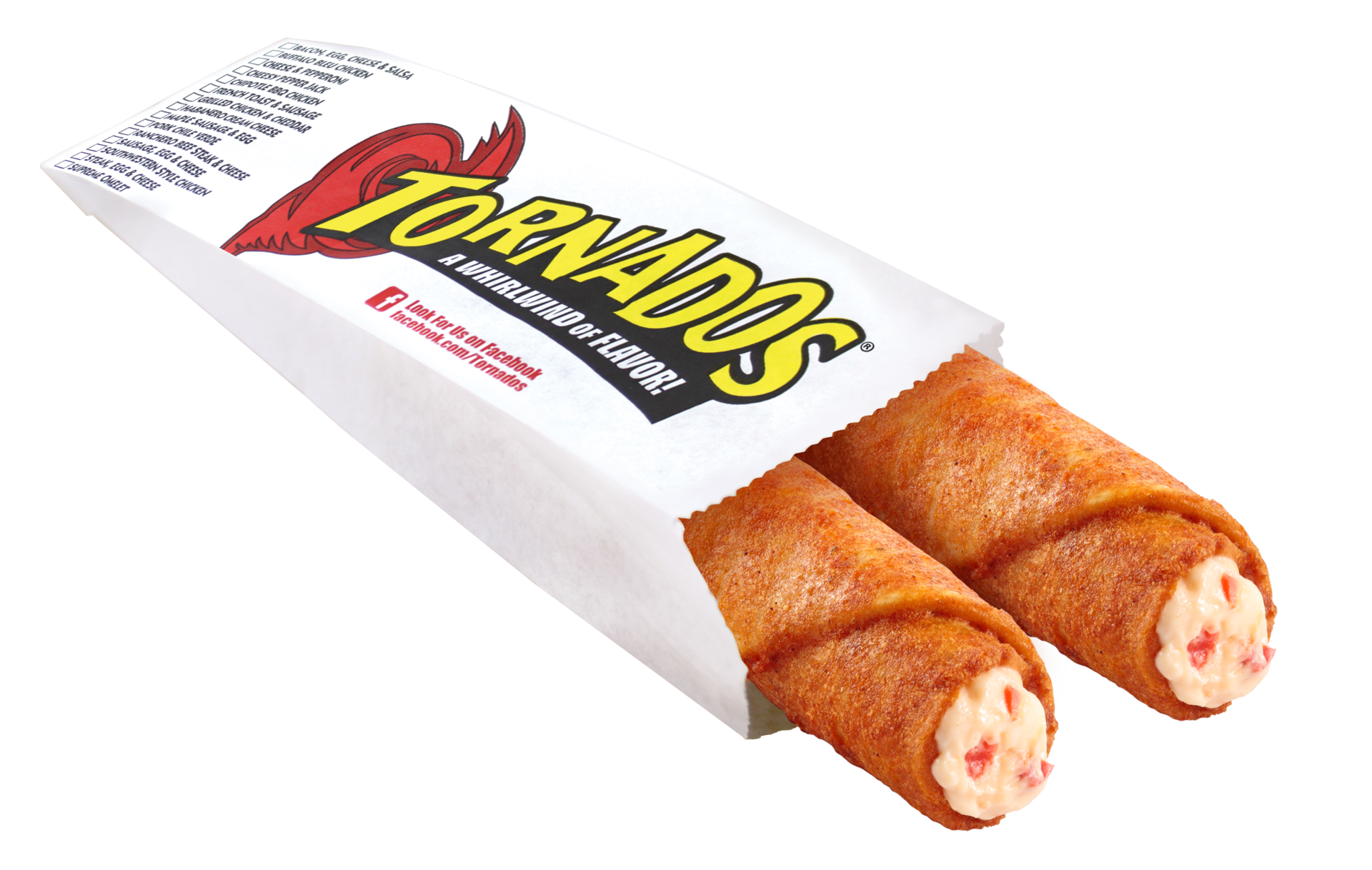 Two Habanero Cream Cheese Tornados in a paper Tornados branded serving sleeve