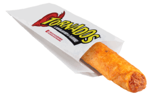Single Ranchero Beef and Cheese Tornados in a paper Tornados branded serving sleeve