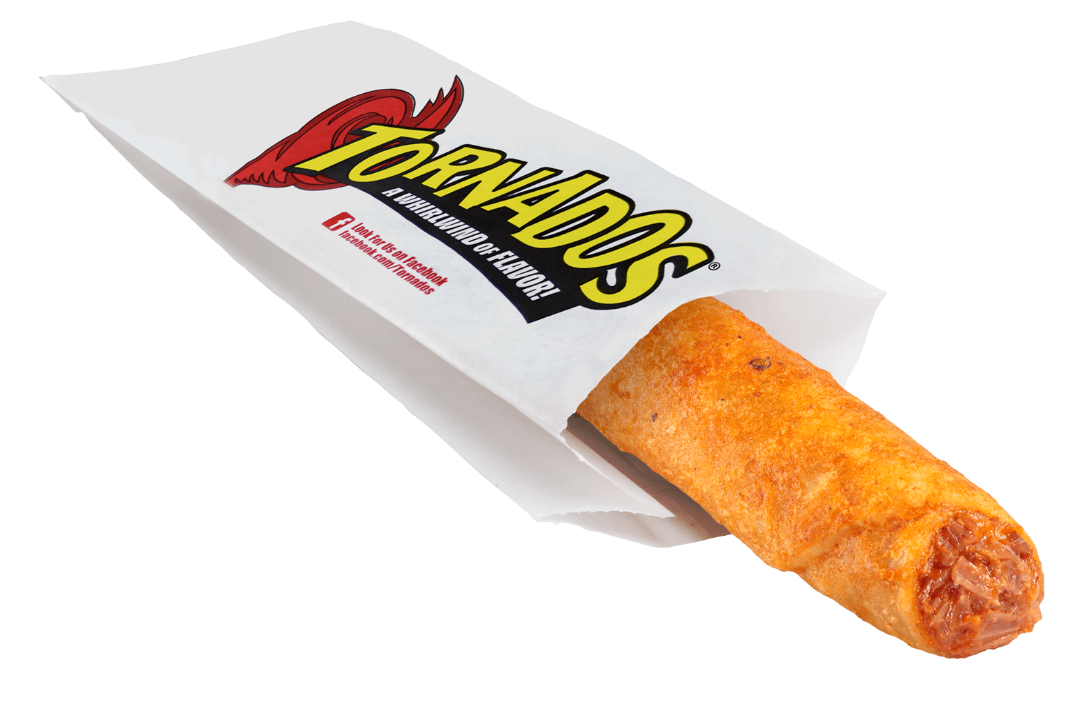 Single Ranchero Beef and Cheese Tornados in a paper Tornados branded serving sleeve