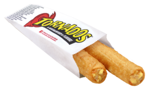 Two Sausage, Egg and Cheese Tornados in a paper Tornados branded serving sleeve