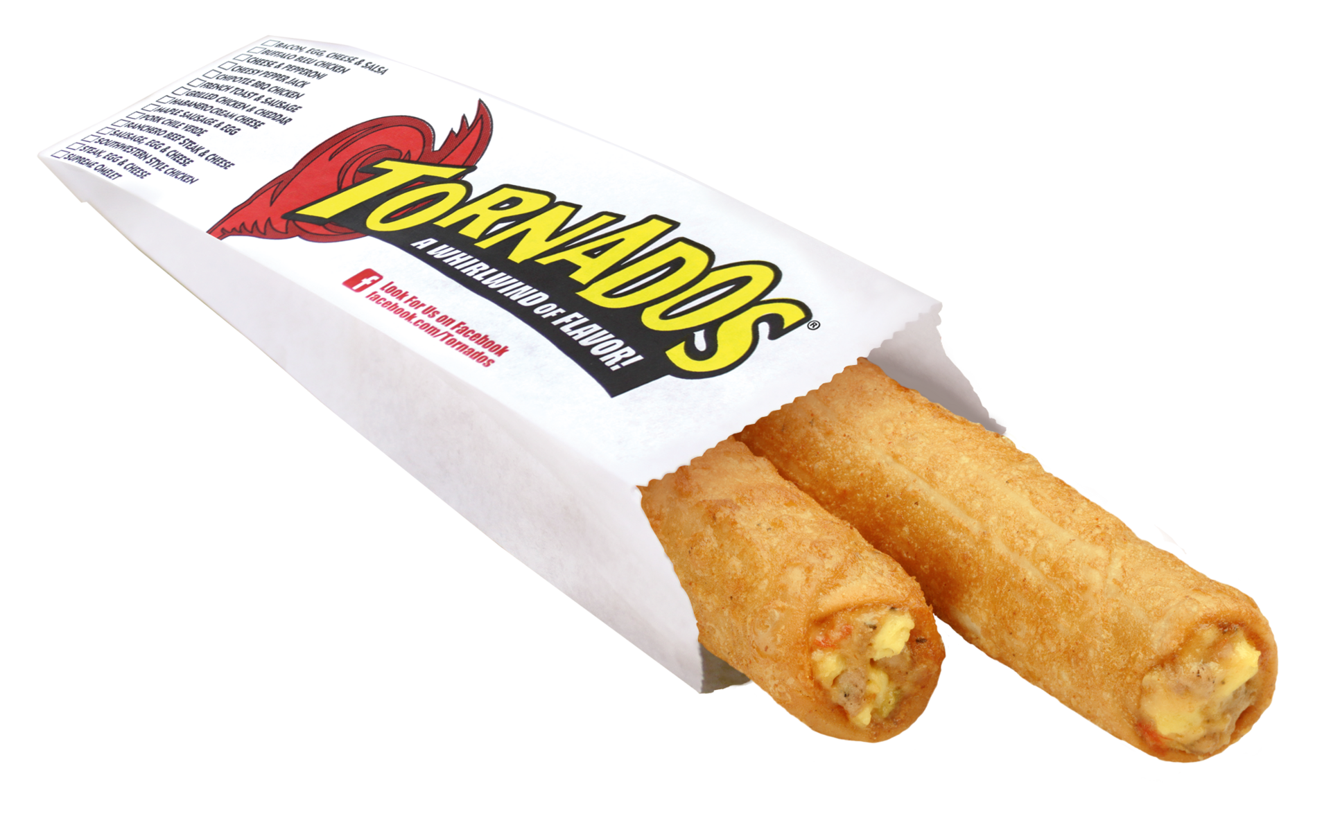 Two Sausage, Egg and Cheese Tornados in a paper Tornados branded serving sleeve
