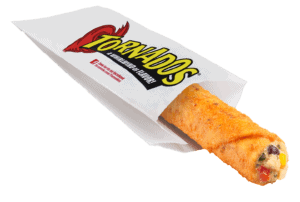 Single Southwestern Style Chicken Tornados in a paper Tornados branded serving sleeve