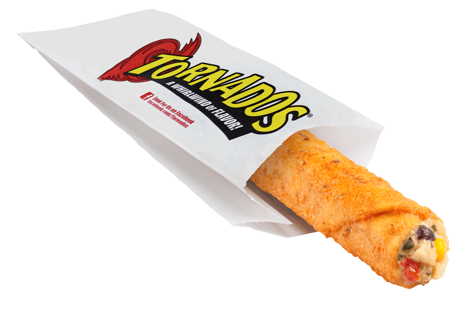 Single Southwestern Style Chicken Tornados in a paper Tornados branded serving sleeve