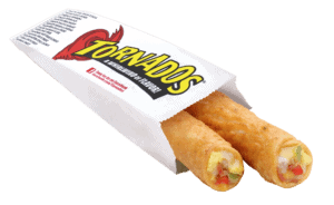Two Supreme Omelet Tornados in a paper Tornados branded serving sleeve