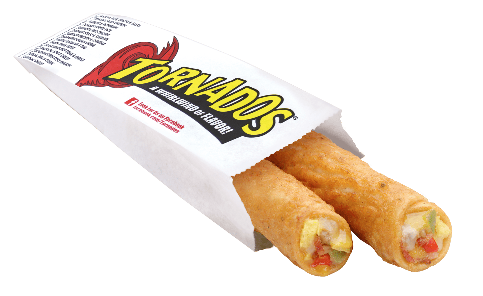 Two Supreme Omelet Tornados in a paper Tornados branded serving sleeve
