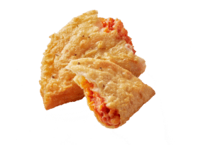 one cheesy pepperoni panada broken open to show cheese and pepperoni stuffed interior