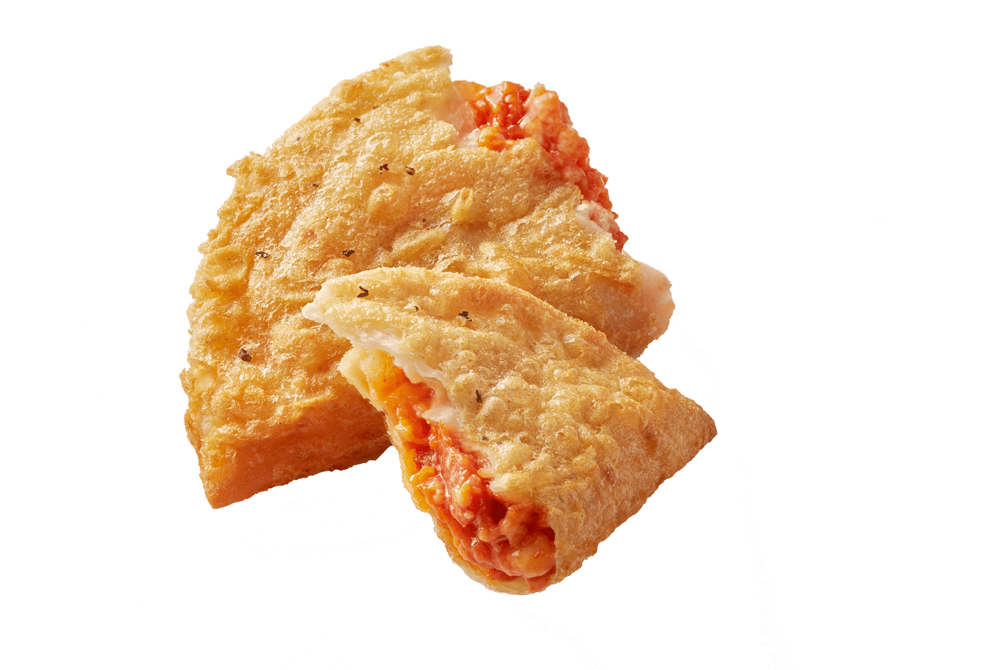 one cheesy pepperoni panada broken open to show cheese and pepperoni stuffed interior