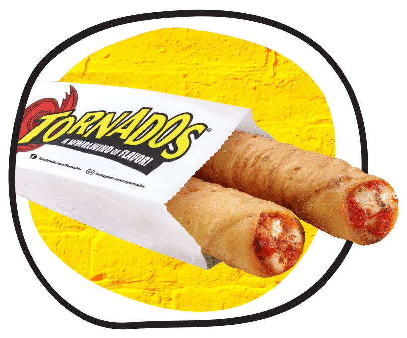 two cheese and pepperoni tornados in a tornados branded sleeve