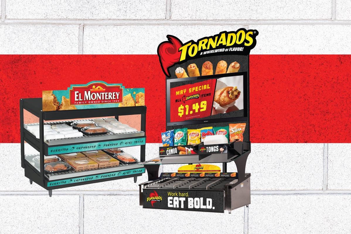 El Monterey branded hot case and Tornados branded roller grill and merchandiser