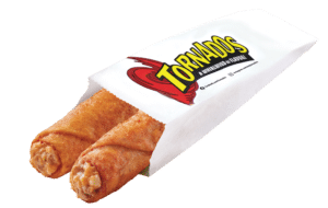 Two Spicy Queso Beef Tornados in a paper Tornados serving sleeve