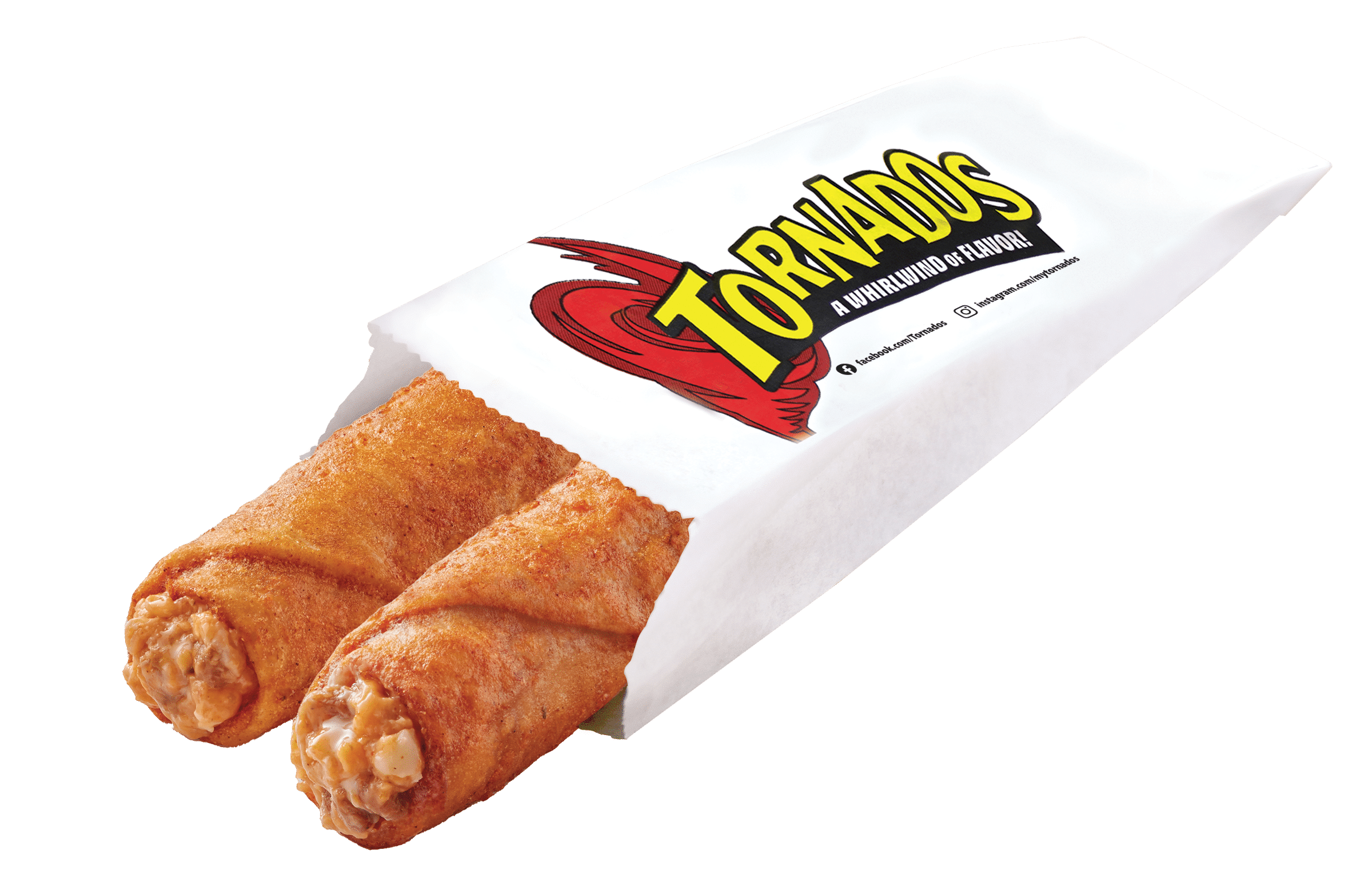 Two Spicy Queso Beef Tornados in a paper Tornados serving sleeve