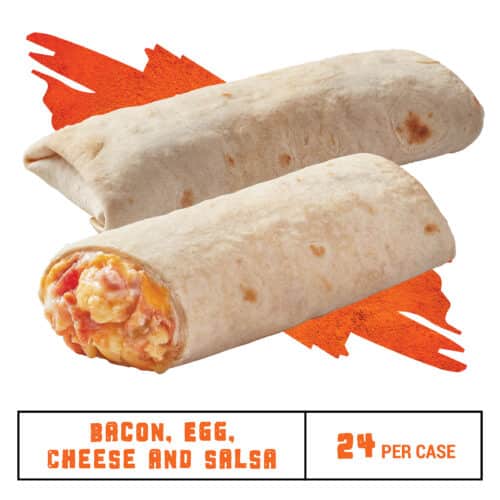 2 Bacon, Egg, Cheese & Salsa Burritos, One Cut Open To Show The Filling