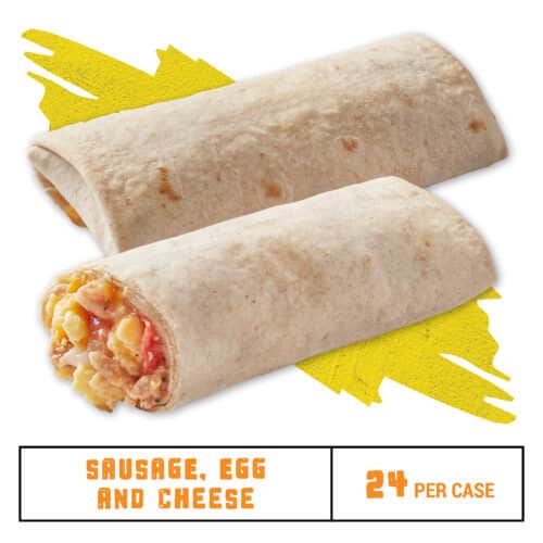 2 Sausage, Egg & Cheese Burritos, One Cut Open To Show The Filling