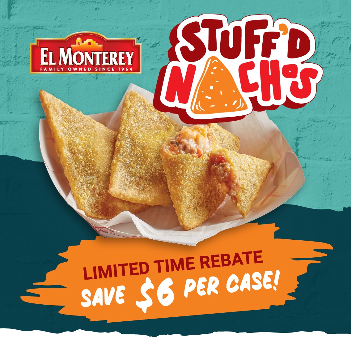 Three El Monterey Stuff'd Nachos in a paper serving boat, with a $6 per case rebate