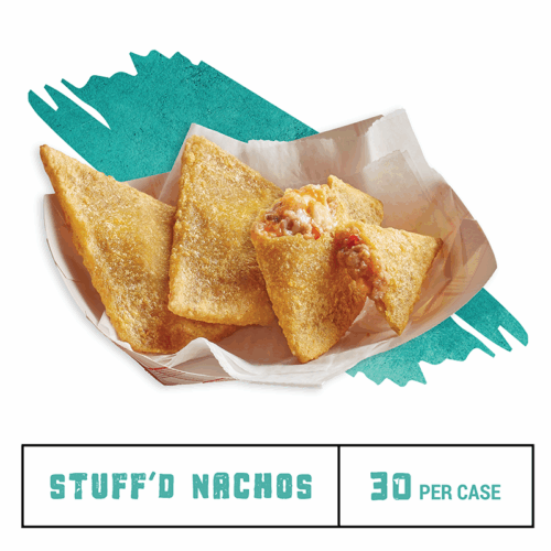 Stuff'd Nachos in a boat with one split open to show filling