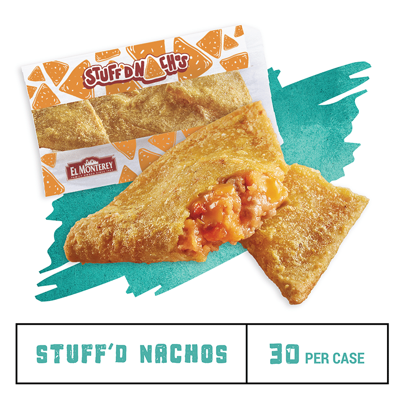 Stuff'd Nachos split open to show filling with sleeve in the background
