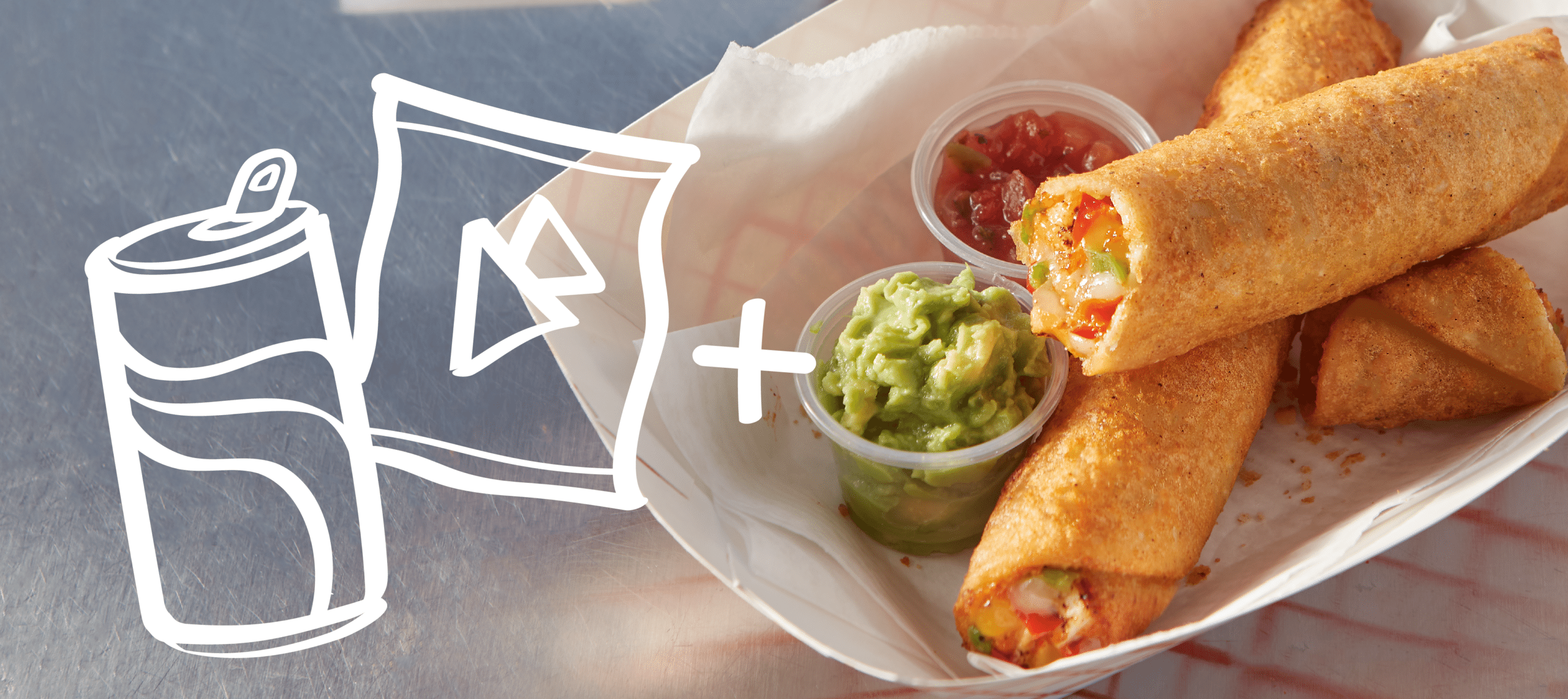 Illustration of soda can and bag of chips next to a boat of two Tornados with a plastic cup and guac and salsa