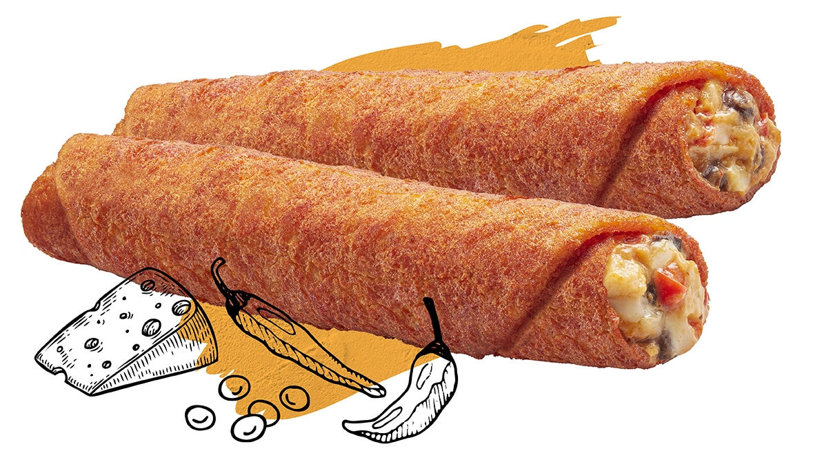 Two Spicy Chipotle Chicken Tornados side by side next to illustrations of a wedge of cheese, peppers and beans