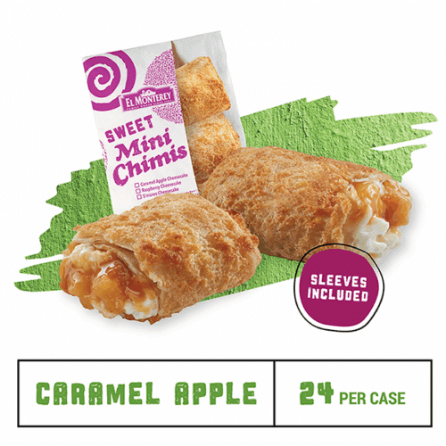 Two El Monterey Caramel Apple Cheesecake Mini Chimis next two a sleeve of El Monterey Caramel Apple Cheesecake Mini Chimis