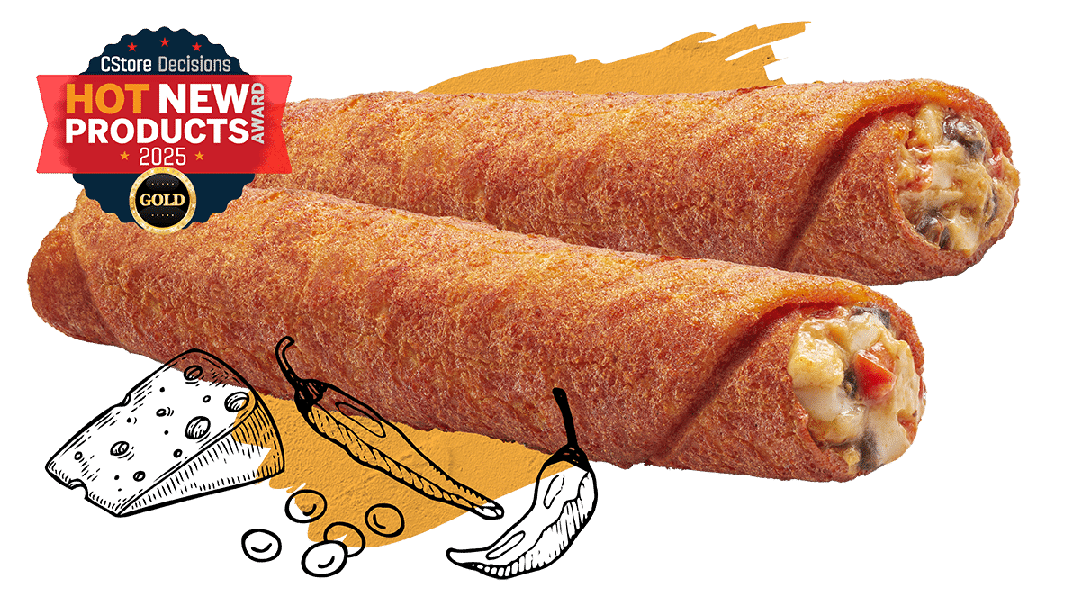 Two Spicy Chipotle Chicken Tornados side by side next to illustrations of a wedge of cheese, peppers and beans with CSD Hot New Products Gold Winner Lockup