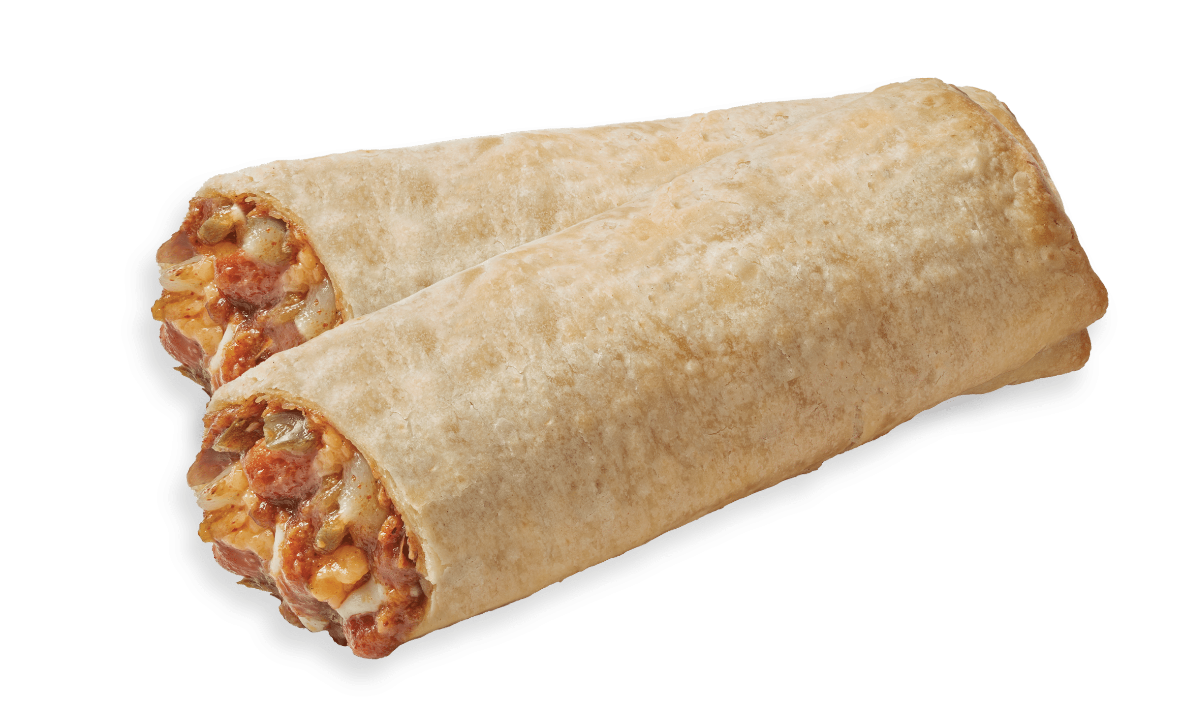 Two beef, bean & cheese chimis, cut open on the end to show inner filling