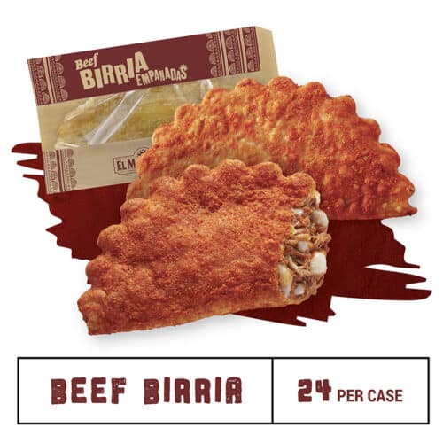 Two El Monterey Beef Birria Empanadas with it's serving sleeve