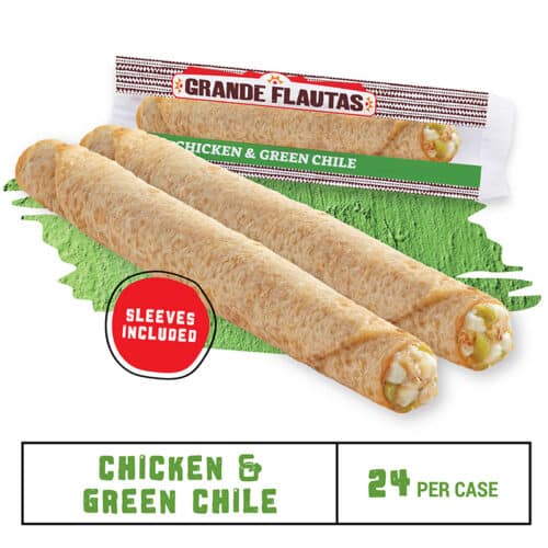 Two El Monterey Chicken & Green Chile Grande Flautas with a serving sleeve