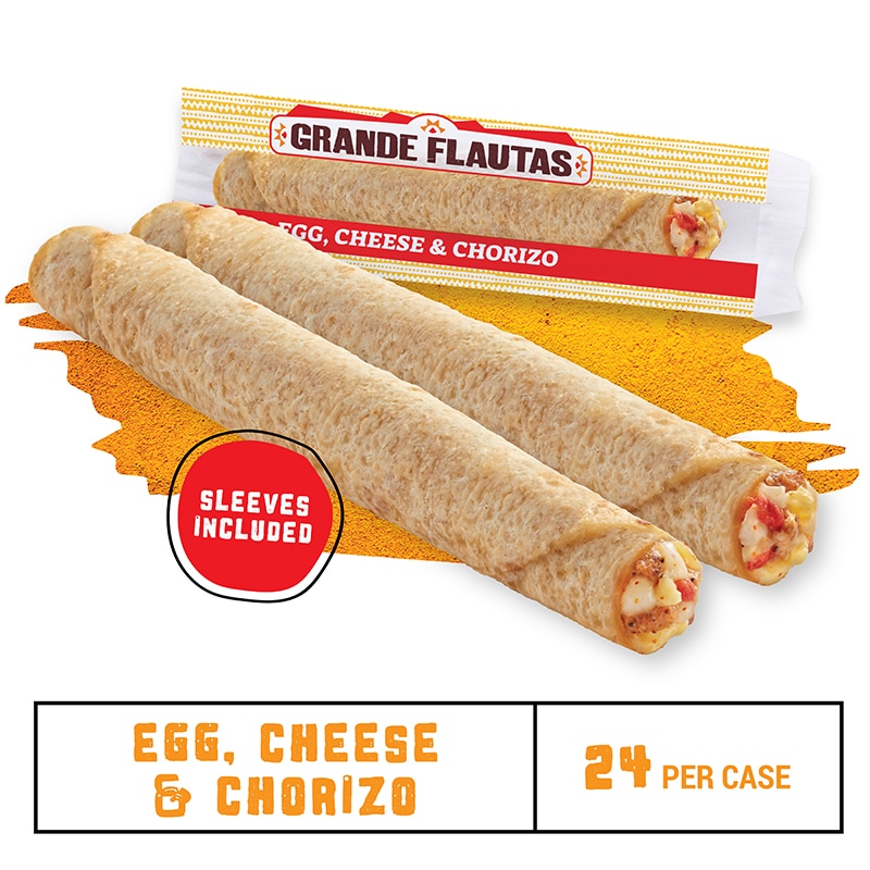 Two El Monterey Egg, Cheese & Chorizo Grande Flautas with a serving sleeve