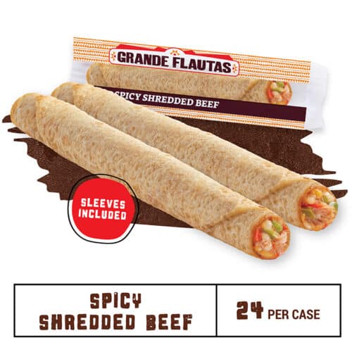 Two El Monterey Spicy Shredded Beef Grande Flautas with a serving sleeve