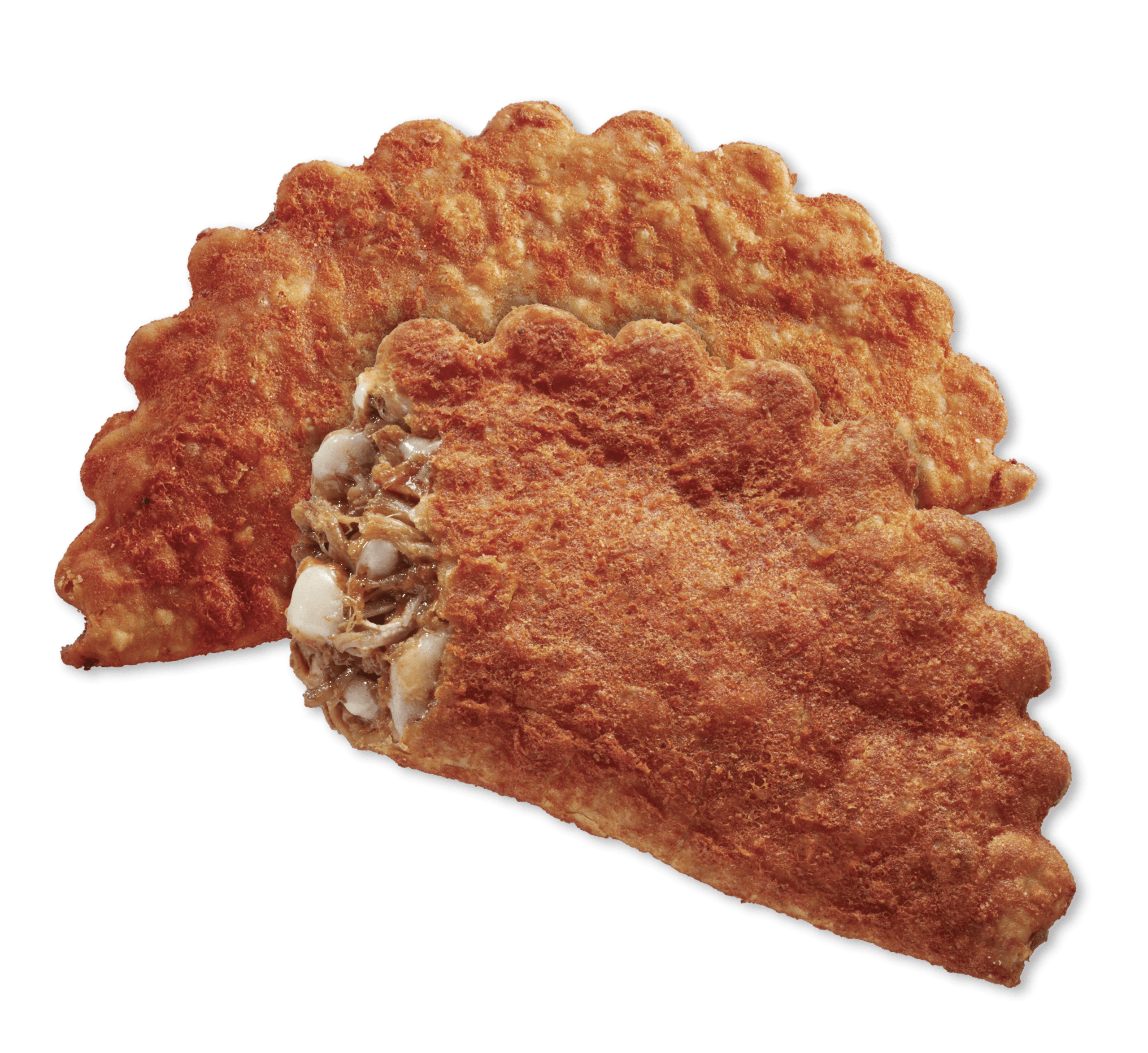 Two El Monterey Beef Birria Empanadas one open to show the filling